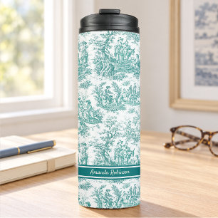 Bouteilles Isothermes Toile de Jouy vintage sarcelle turquoise