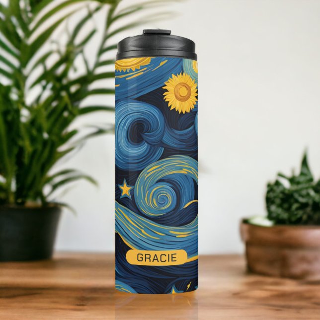 Bouteilles Isothermes Tournesol de nuit moderne Starry Nom personnalisé (Modern Starry Night Sunflower Personalized Name Thermal Tumbler from Ricaso. Customize with own text)
