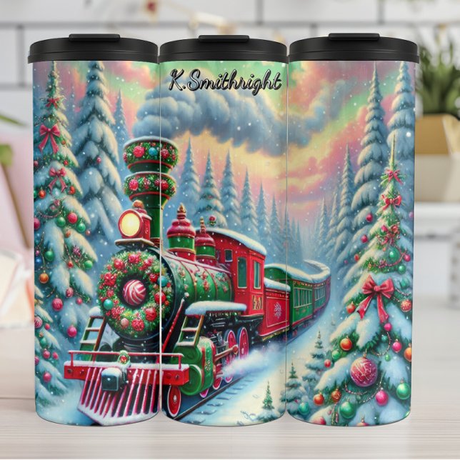 Bouteilles Isothermes Train de la forêt rouge et verte festive (Créateur téléchargé)