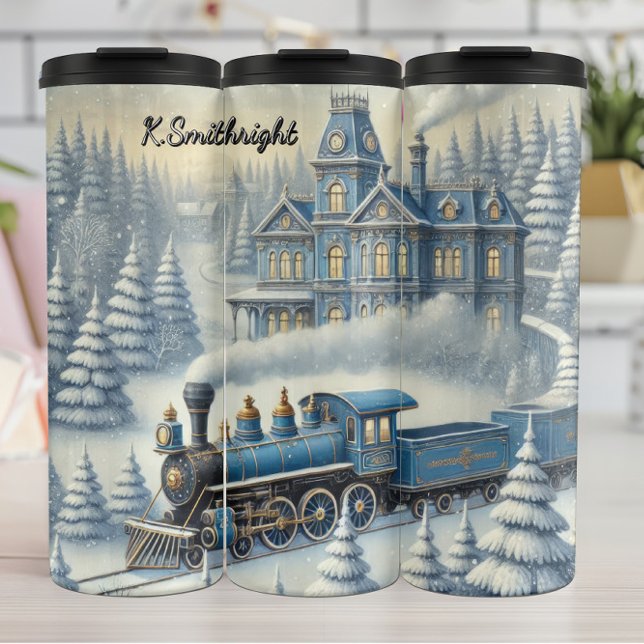 Bouteilles Isothermes Train Magique Bleu de Noël sous la Lune (Créateur téléchargé)