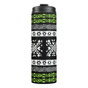 Bouteilles Isothermes Tribal Navajo, motif noir blanc vert.
