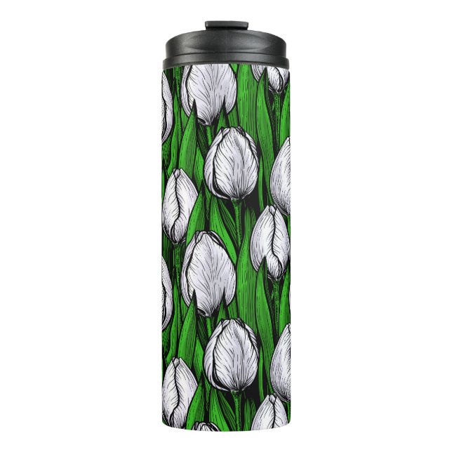 Bouteilles Isothermes Tulières blanches avec feuilles verts (Devant)