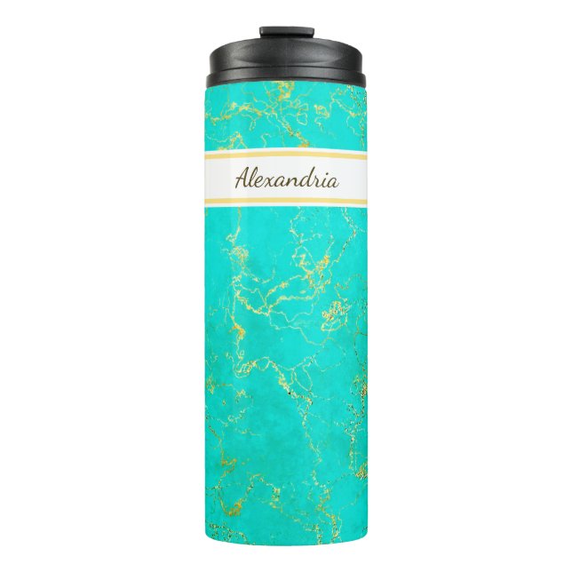 Bouteilles Isothermes Turquoise avec Gold Veins Pierre Motif et nom (Devant)