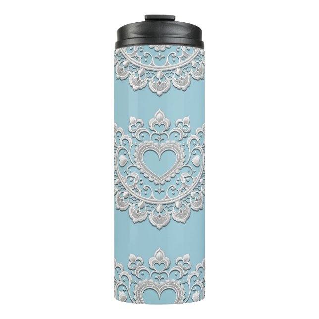 Bouteilles Isothermes Turquoise Bleu Blanc dentelle Coeur Mariage (Devant)