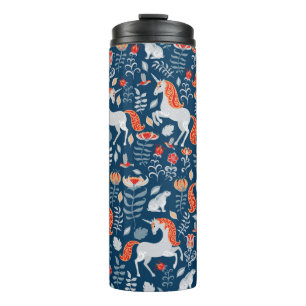 Bouteilles Isothermes Unicornes, lapins, oiseaux, fleurs sur fond bleu