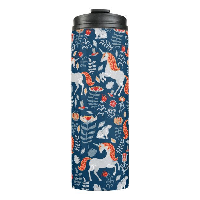 Bouteilles Isothermes Unicornes, lapins, oiseaux, fleurs sur fond bleu (Devant)