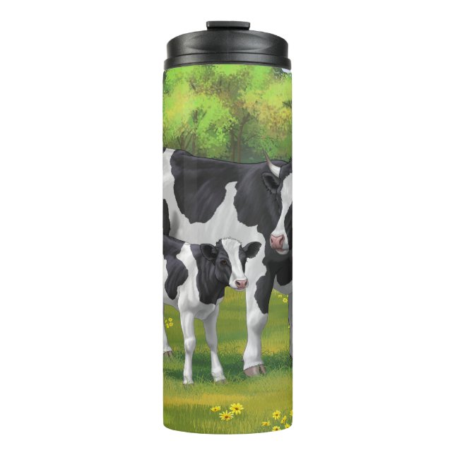 Bouteilles Isothermes Vache Holstein et veau mignon en pâturage d'été (Devant)