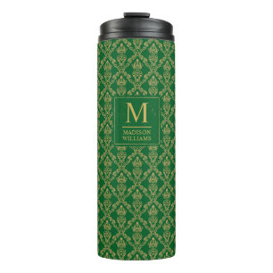 Bouteilles Isothermes Vert émeraude et or, motif damassé sans couture
