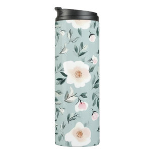Bouteilles Isothermes Vert sauge fleurs de pivoines blanches florales