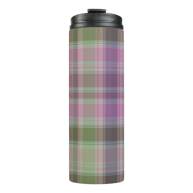 Bouteilles Isothermes Vert, tartan classique lilas. (Devant)