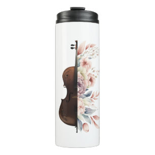 Bouteilles Isothermes Violon parmi les fleurs. Bouquet de fleurs.