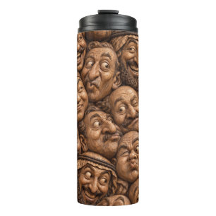 Bouteilles Isothermes Visages en Bois Sculpté Motif Bohème Vintage
