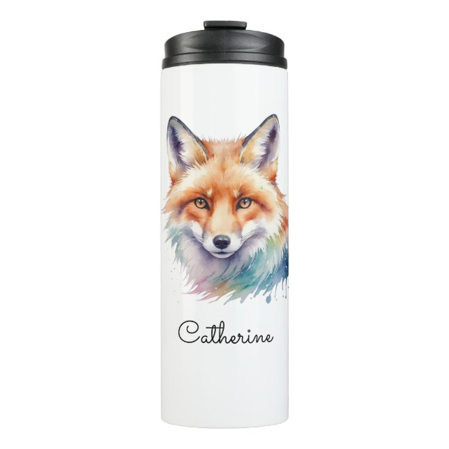 Bouteilles Isothermes Watercolor Red Fox Portrait Personalized Name (Devant)