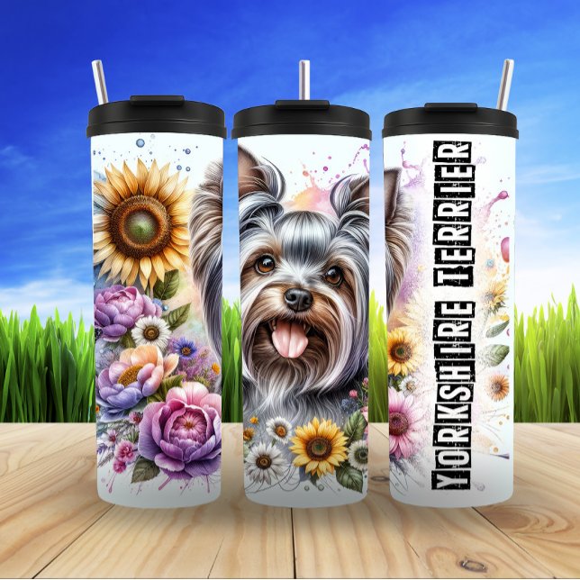 Bouteilles Isothermes Yorkshire Terrier avec des tournesols et des fleur (Créateur téléchargé)