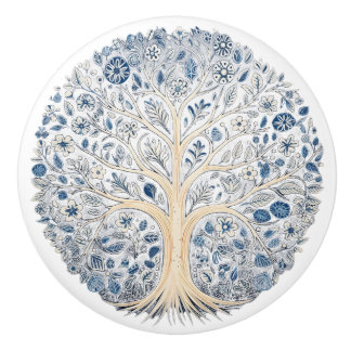 Bouton de céramique bleu et blanc avec arbre