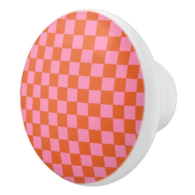 Bouton De Porte En Céramique à damiers orange et rose (Droite)