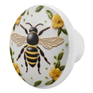Bouton De Porte En Céramique Abeille de miel aux fleurs jaunes douces florales