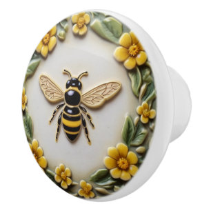 Bouton De Porte En Céramique Abeille de miel aux fleurs jaunes Faux Relief Flor