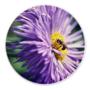Bouton De Porte En Céramique Abeille minuscule sur la fleur marguerite violette