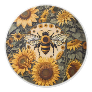 Bouton De Porte En Céramique Abeille Vintage et Tournesols 