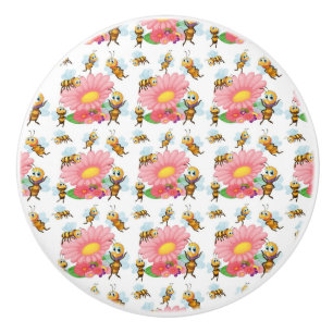 Bouton De Porte En Céramique Abeilles volant autour des fleurs printanières