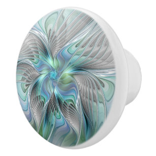 Bouton De Porte En Céramique Abstrait Bleu Vert Papillon Imaginaire Fractal Art