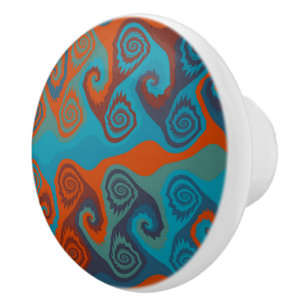 Bouton De Porte En Céramique Abstrait de tourbillon orange et turquoise