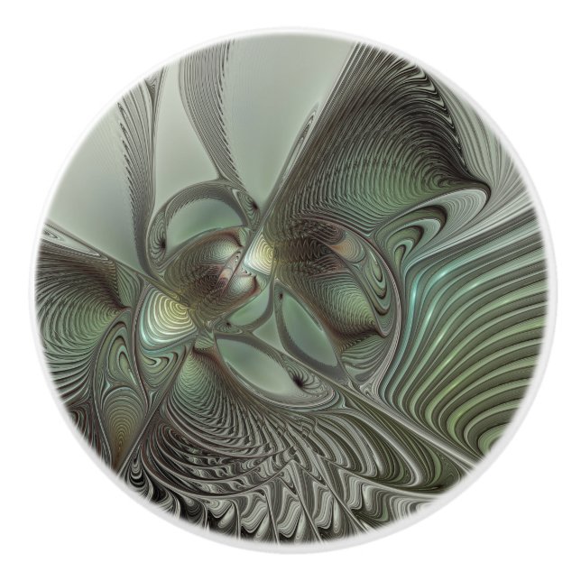 Bouton De Porte En Céramique Abstrait Olive Sage Green Grey Fractal Art Imagina (Devant)
