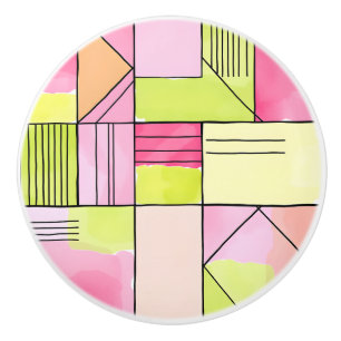 Bouton De Porte En Céramique Abstrait patchwork rose et vert citron
