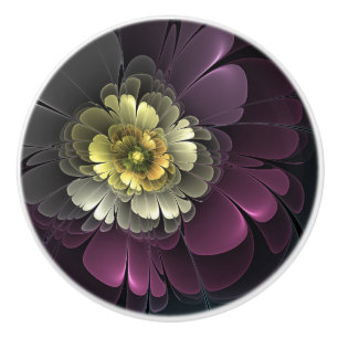 Bouton De Porte En Céramique Abstrait Purpur moderne Khaki Gris Fleur fractale 