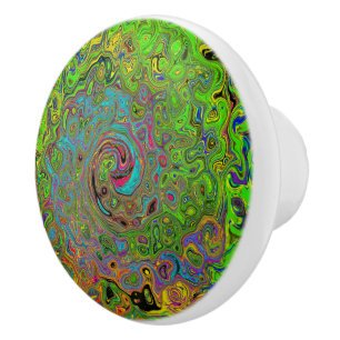 Bouton De Porte En Céramique Abstrait Rétro Groovy Tourbillon Vert Citron et Bl
