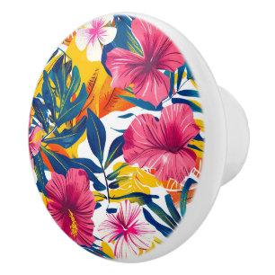 Bouton De Porte En Céramique Accent floral vibrant d'Hibiscus tropical