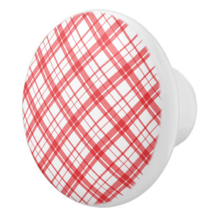 Bouton De Porte En Céramique Adorable motif de tartan plaid rose et blanc