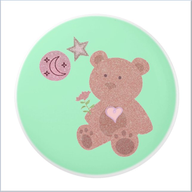 Bouton De Porte En Céramique Adorable Teddy Bear Lune & Étoiles en vert (Créateur téléchargé)