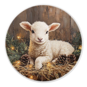 Bouton De Porte En Céramique Agneau de Noël mignon peinture rustique