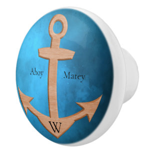 Bouton De Porte En Céramique Ahoy Matey Ancre en bois clair sur bleu foncé