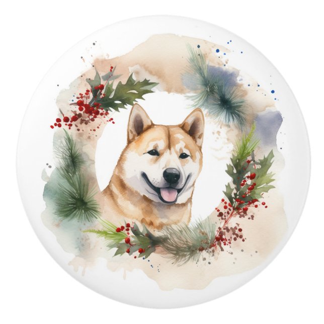 Bouton De Porte En Céramique Akita Christmas Wreath Festive Pup (Devant)