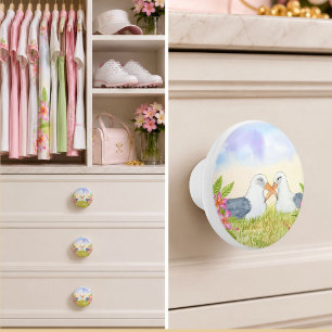 Bouton De Porte En Céramique Albatros de Laysan avec Plumerias roses