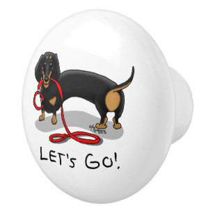 Bouton De Porte En Céramique Allons-y ! Dachshund Chien (noir et bronzé) Drôle