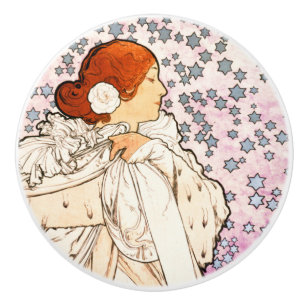 Bouton De Porte En Céramique Alphonse Mucha La Dame 1896 Art Nouveau Vintage