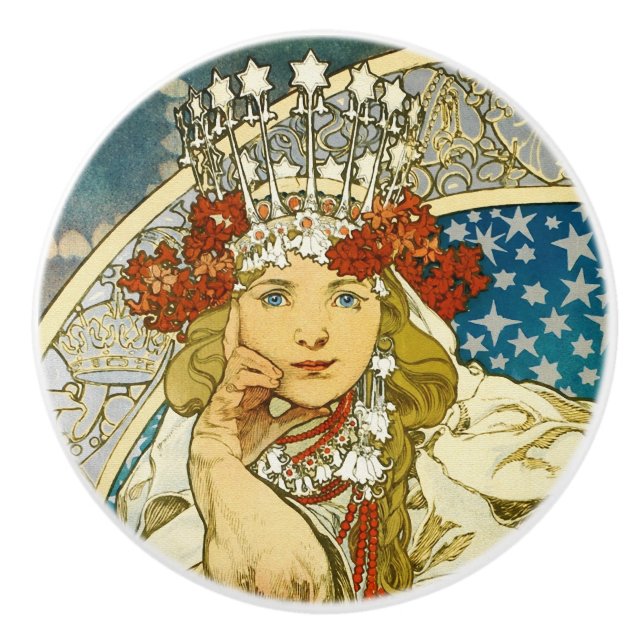 Bouton De Porte En Céramique Alphonse Mucha Princess Hyacinth Art Nouveau (Devant)