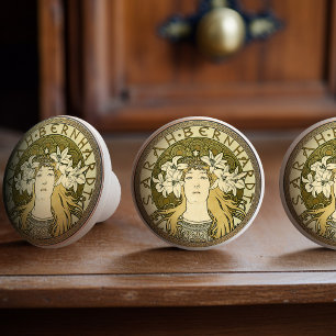 Bouton De Porte En Céramique Alphonse Mucha Sarah Bernhardt Art Nouveau Vintage
