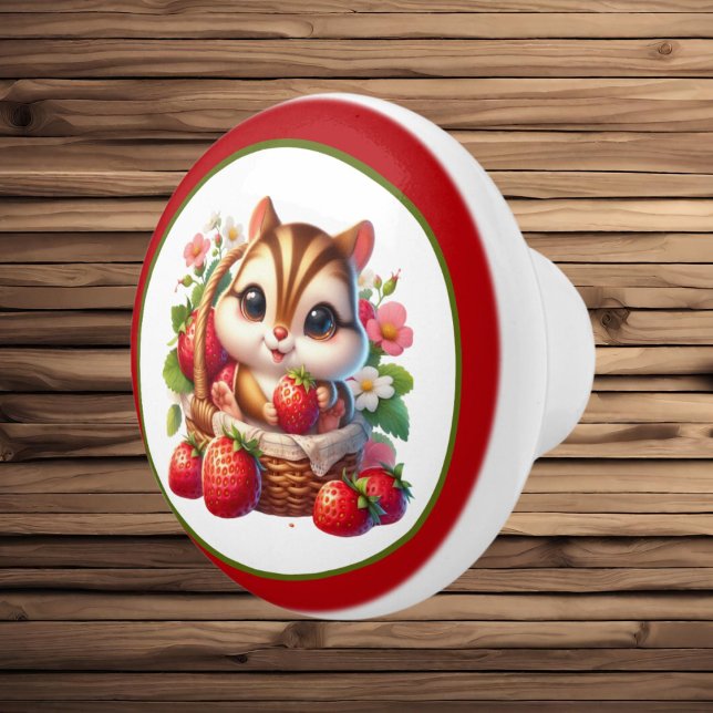 Bouton De Porte En Céramique Amateurs de chipmunk à la fraise mignonne (Créateur téléchargé)