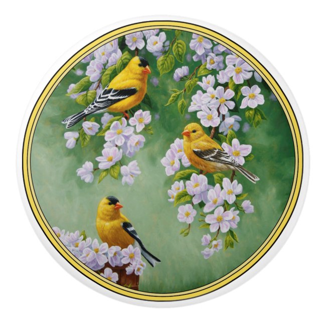Bouton De Porte En Céramique American Goldfinches & Pink Apple Blossings (Devant)