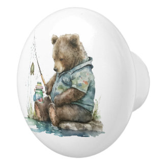 Bouton De Porte En Céramique Amoureux de pêche amoureux d'ours cabine lac maiso