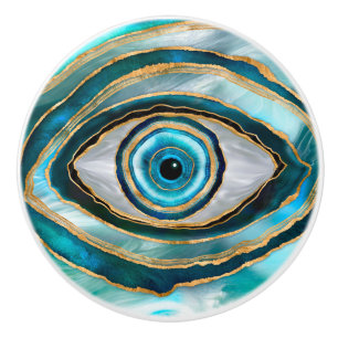 Bouton De Porte En Céramique Amulette du mauvais œil Aquarelle billes et or