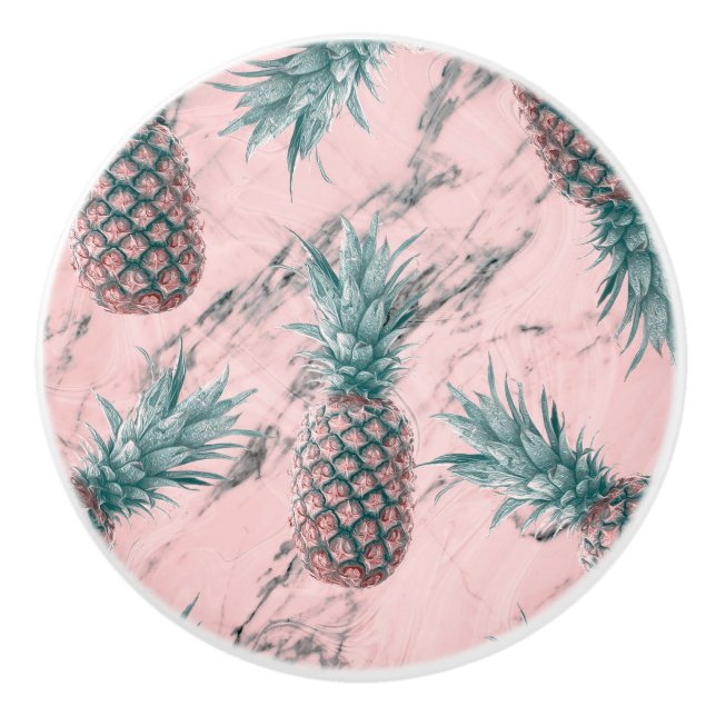 Bouton De Porte En Céramique Ananas & marbre rose Swirl moderne Tropical Chic (Devant)