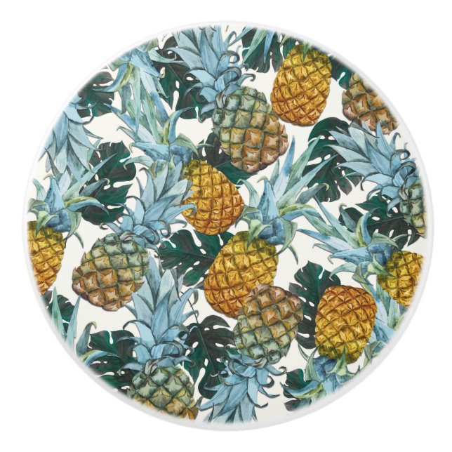 Bouton De Porte En Céramique Ananas Tropical & Jungle d'île Exotique Feuille (Devant)