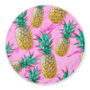 Bouton De Porte En Céramique Ananas Tropicaux & Marbre Rose Moderne Coloré