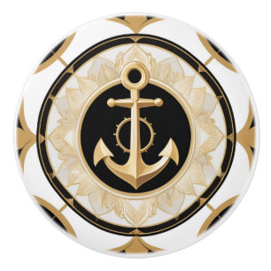 Bouton De Porte En Céramique Ancre Art Déco Noir Blanc et Or Nautique